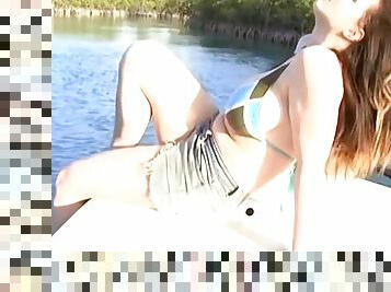 Slutty big tit brunette Meggie went out fishing with two guys