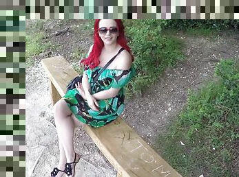 Amateur redhead slut Jasmine James gives head in the public park