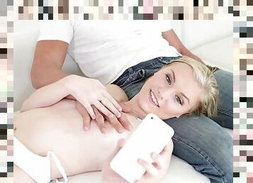 Lustful blonde teen gets slammed on the couch