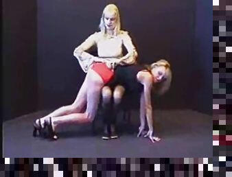 One man, two blond women spanked