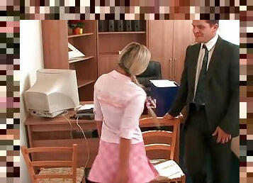 Schoolgirls tie up the teacher in his office