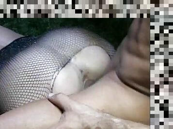 Blonde whores in fishnet bodystocking fucking a big cock dude