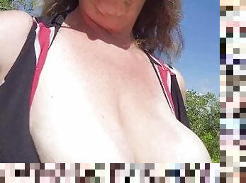 Wife's Tits Out on Trail! MILF Gets Sun on Her DDs!