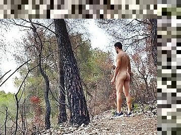 Risky naked hiking on the sunset! Almost get caught! Perfect ass man