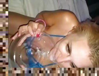 Slut wife blonde eating strangers cum at party