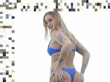 Inked blonde reveals ass and tits before trying heavy BBC in her tiny butt