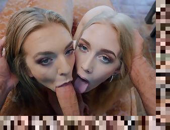 Young blondes share a cock in marvelous POV then fuck hard