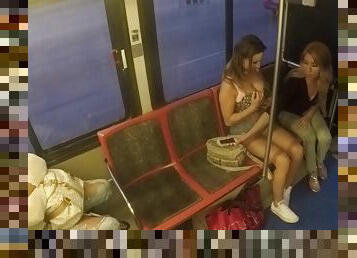 Long hair lesbian with hot ass having her pussy licked in bus