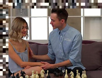 Teen with big tits, seductive couch porn during chess game