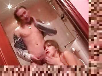 Fucking a well-dressed teen in the bathroom