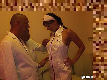 Bitch in nurse uniform tries double dose of cock in each of her fresh holes