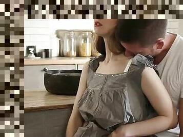 Sexy couple having amazing hot sex on the kitchen table