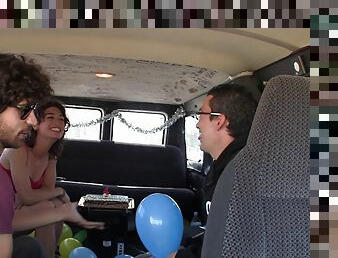 Party in the van with a skinny hairy girl getting fucked