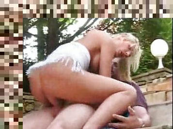 Sexy blonde fucked on the stairs outdoors