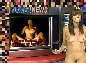 Three pretty brunette celebrities reporting on naked nudes baring their perky titties