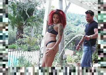 Curvy ebony redhead Daisy Ducati gets her asshole fucked outdoors