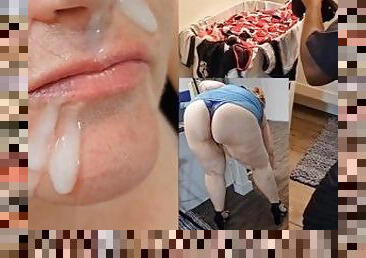 Caught perverted plumber sniffing my dirty panty In laundry basket , so I let him cum on my face