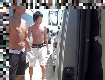 Hot Japanese chick fucks a couple of fellows in a van