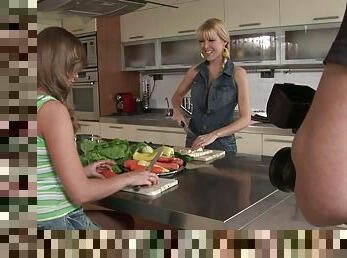 Classic Lesbian scene in the kitchen with cucumbers