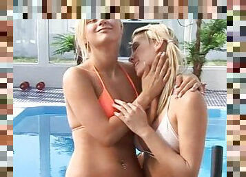 Tara and Yasmin are banging in front poolside