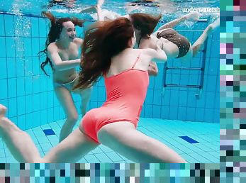 Three lovely playgirls strip out of their clothes in the pool