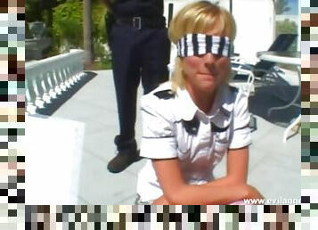 Nerdy blond slut gets face-fucked by a cop outdoors