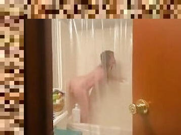 Teen redhead riding dildo in shower home alone