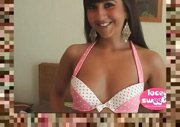 Teen in pink polka dot bra and panty set