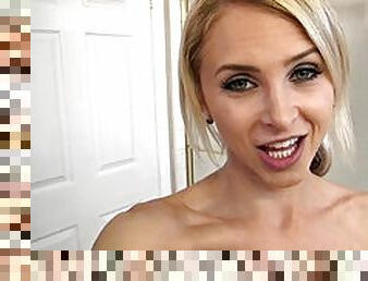 Busty blonde cock sucker showers before receiving a mouthful