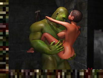 Anal horny sex slave gets fucked by big green monster in dungeon