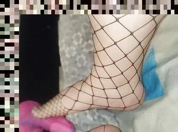 footjob to monster dildo in fishnets