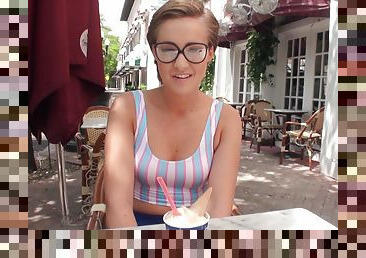 Short Haired Cutie with Glasses Gives A Blowjob and Fucks