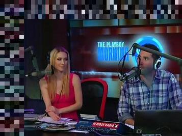 Blonde in tank top shows her tits on radio show