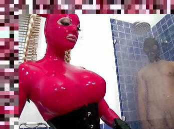 Latex fantasy with a busty female acting fully obedient