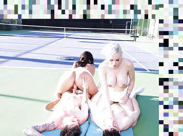Group sex on the tennis court with MILFs Mona Azar and Kenzie Taylor