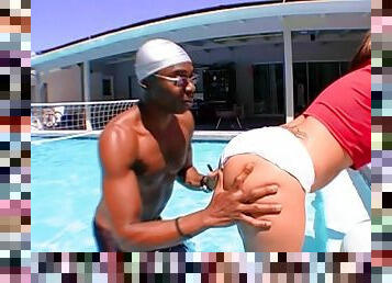 Anell Lopez and Sean Michaels enjoy a nice sun-soaked poolside shag