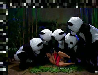 Sexy brunette babe gets gangbanged by panda mascots