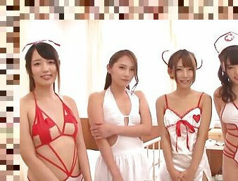 Lucky dude films in POV while four sexy Japanese girls give head