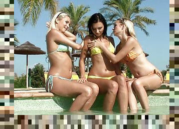 Crystal, Sally and Debby finger one another's pussies on the poolside