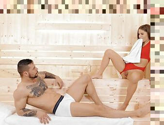 Man's steel inches grants this slender babe the ultimate sauna fuck