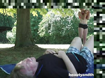 Outdoor doggy fuck with blonde teen babe Tyna Gold and an old guy