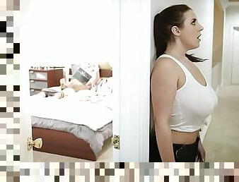 Busty pornstar slut caught her roommate masturbating so she rides him