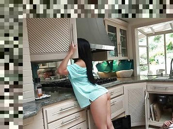 Black-haired cutie called Cindy Starfall getting it in the kitchen