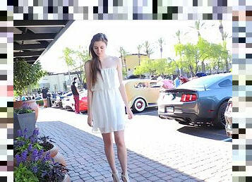 Beauty in a dress and heels gets excited flashing in public