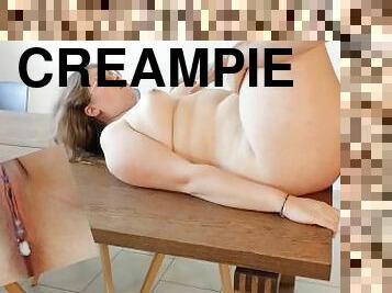 Dessert is served, fuck my pussy! Chubby big ass roommate fucked and creampied on the kitchen table.