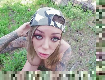 Smashing POV outdoor action with a flaming blonde