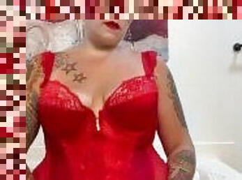 BBW Stepmom MILF masturbates with vibrator in thigh high stocking and red lace lingerie your POV