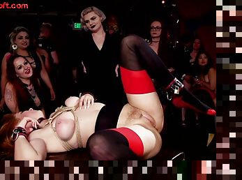 BDSM anal redhead lady in stockings fucked for voyeur public