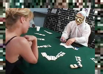 Blond shemale loses the poker game and gets banged