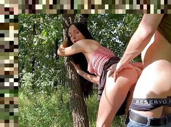 Public brunette deepthroat and rough anal in the woods. anal creampie